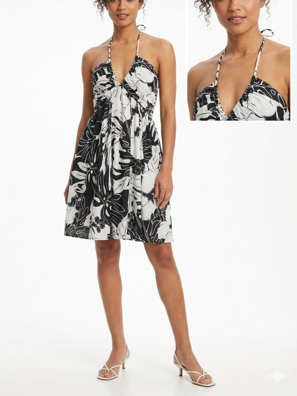 American Eagle 100% Cotton Black & White Floral Halter Dress Size L